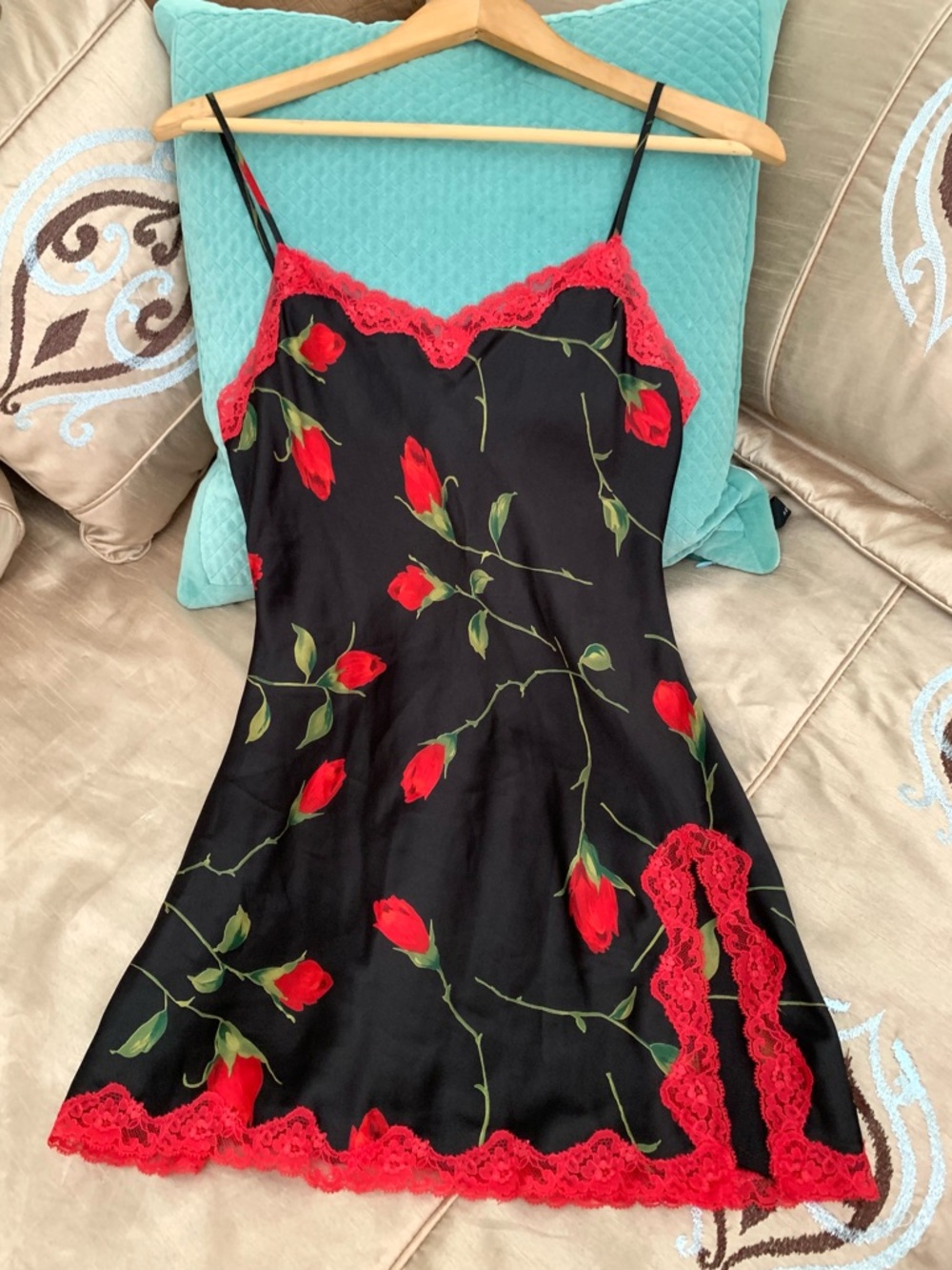 Victoria's Secret Black Chemise Y2K Slip Dress with Red Rose Print & Red Lace